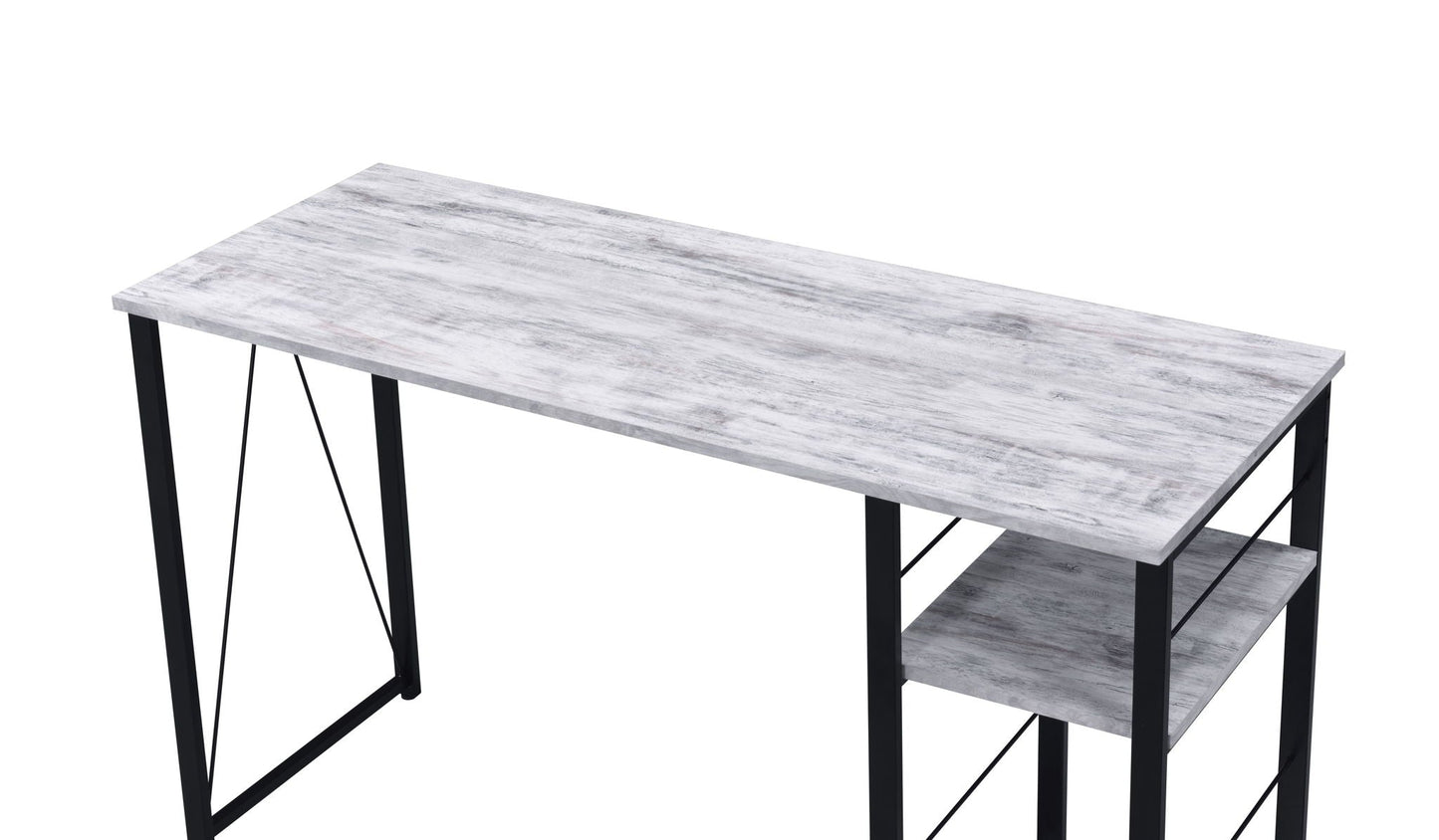 Vadna Writing Desk in distressed gray wood finish with black metal frame and lower shelf on Tampa Home & Garden Store