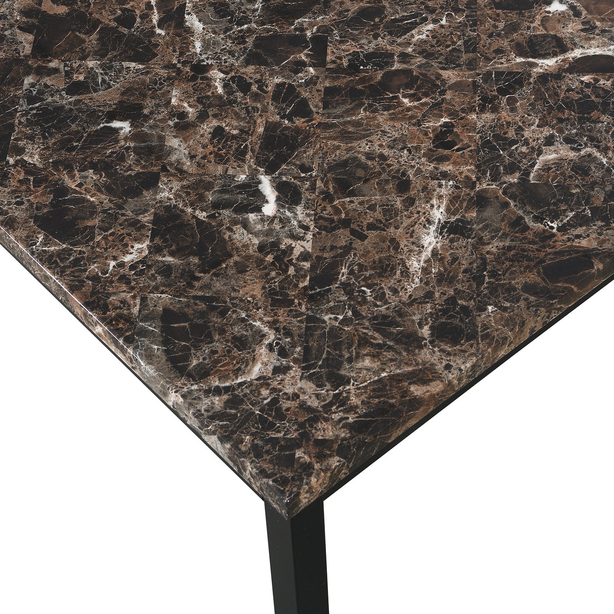 Coffee table with black faux marble top and metal base close up edge view on Tampa Home & Garden Store