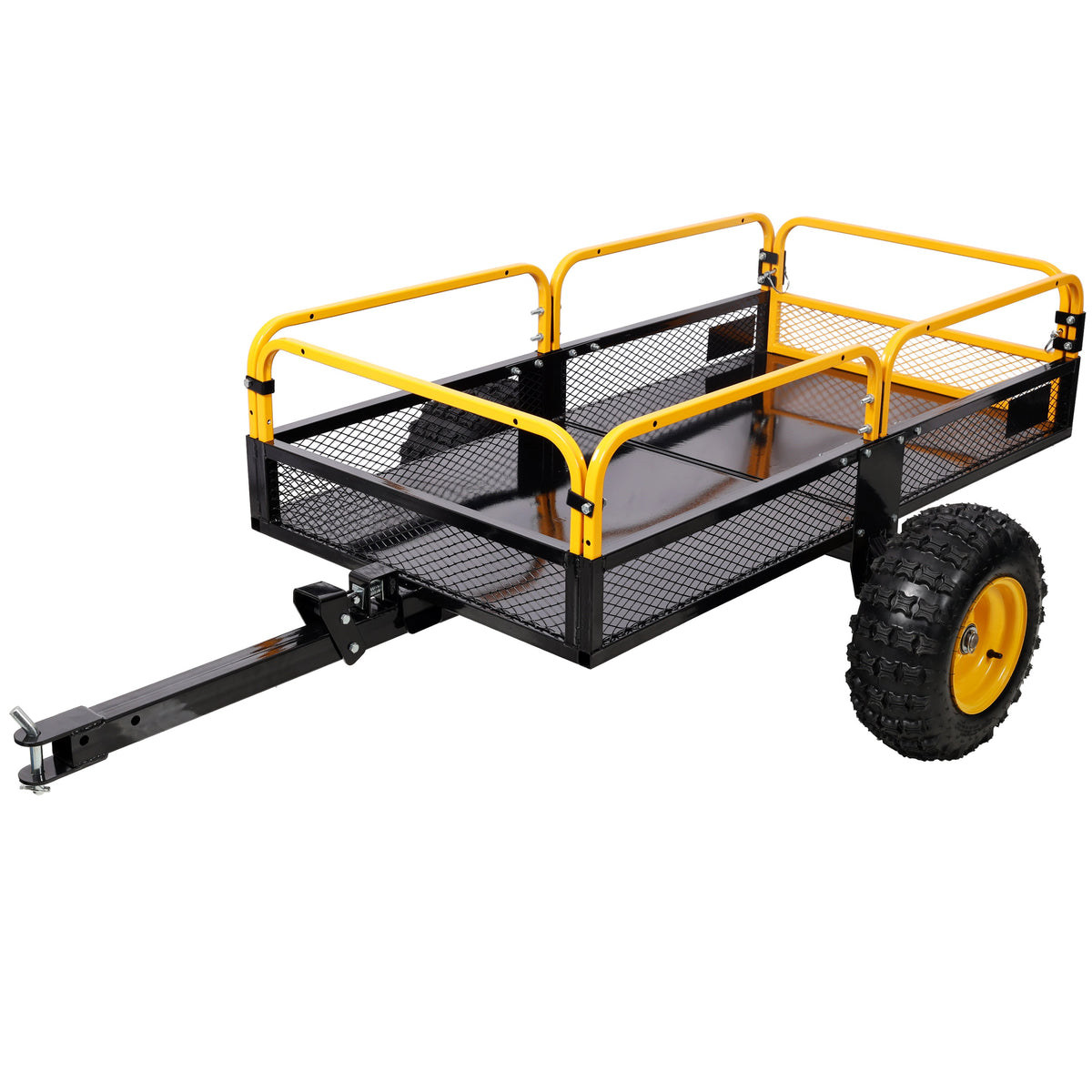 Heavy-Duty Tow-Behind Dump Cart HouseOfZazla with black steel bed and yellow frame rugged wheels on Tampa Home & Garden Store