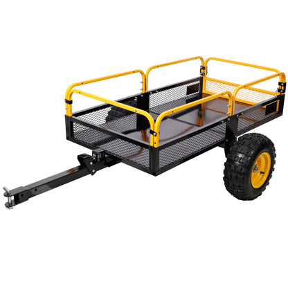 Heavy-Duty Tow-Behind Dump Cart HouseOfZazla with black steel bed and yellow frame rugged wheels on Tampa Home & Garden Store