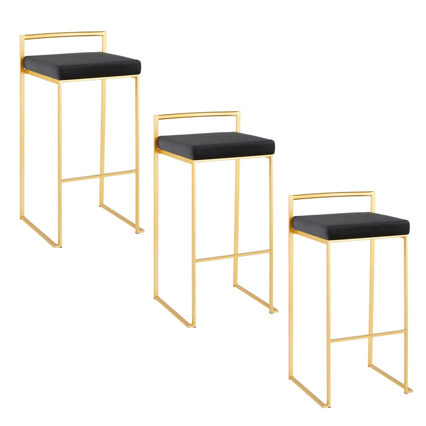 Fuji contemporary glam barstool set with gold frame and black cushions, 3-piece on Tampa Home & Garden Store