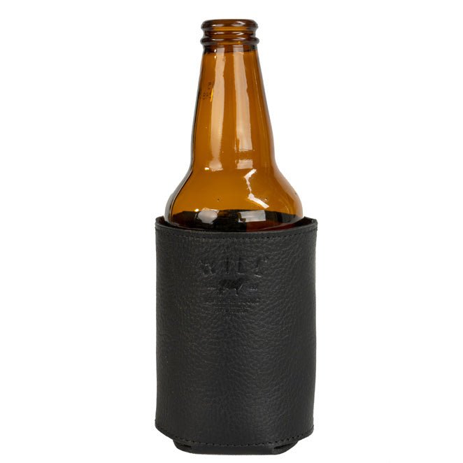 Leather bottle and can holder in black leather with Will Leather Goods branding on Tampa Home & Garden Store