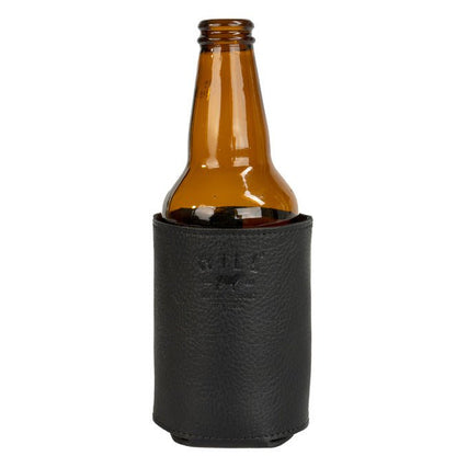 Leather bottle and can holder in black leather with Will Leather Goods branding on Tampa Home & Garden Store