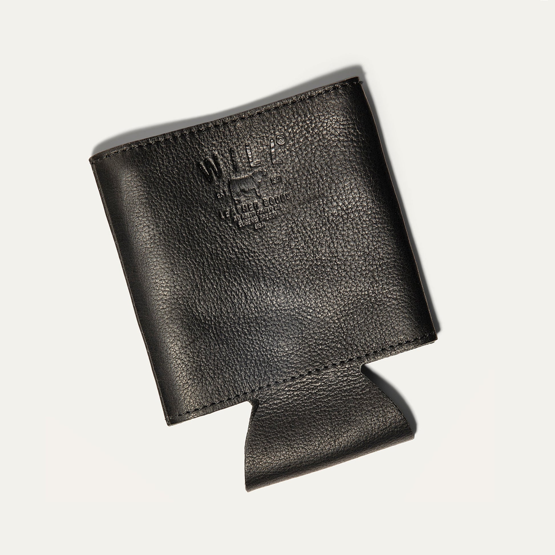 Leather bottle & can holder in black pebbled leather with embossed Will Leather Goods logo on Tampa Home & Garden Store