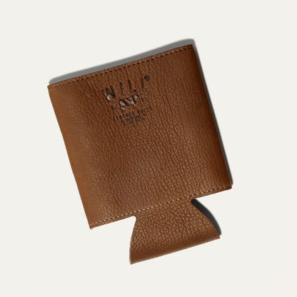 Leather bottle and can holder in brown pebbled leather featuring Will Leather Goods branding on Tampa Home & Garden Store