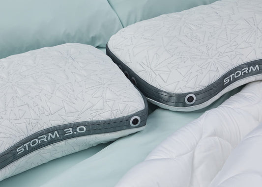 Two BedGear Storm Cuddle Curve Pillow 3.0 pillows in light gray with geometric stitching on Tampa Home & Garden Store