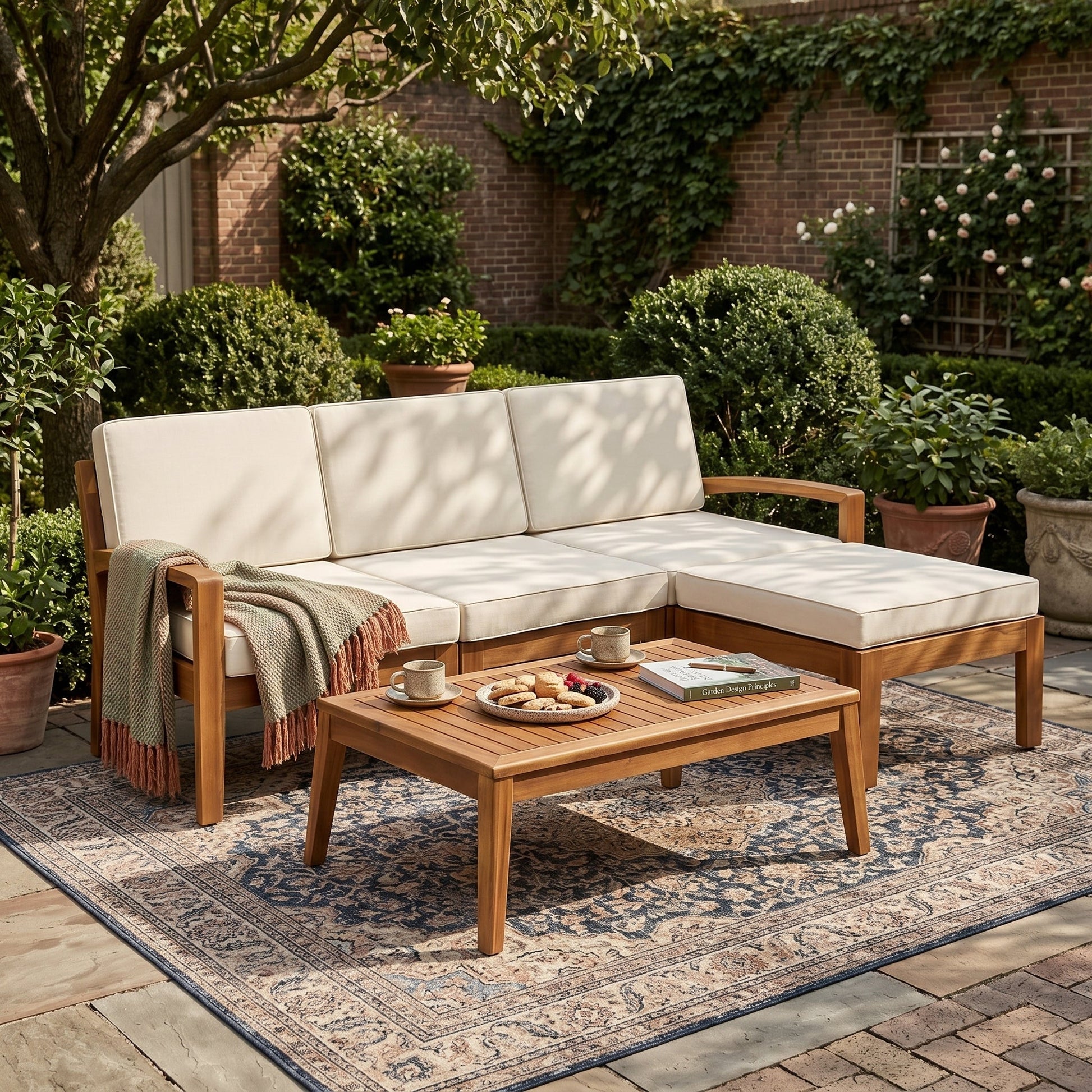 Outdoor L-shaped 3-piece acacia wood patio sofa set with beige cushions on Tampa Home & Garden Store