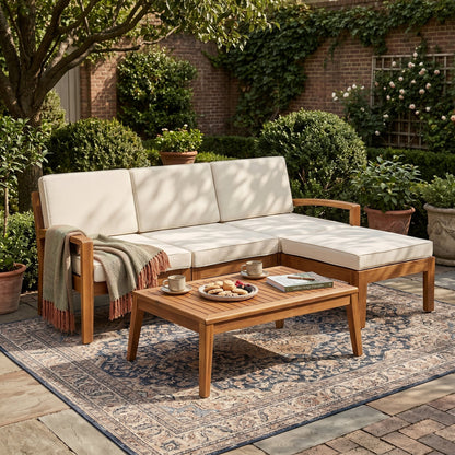 Outdoor L-shaped 3-piece acacia wood patio sofa set with beige cushions on Tampa Home & Garden Store