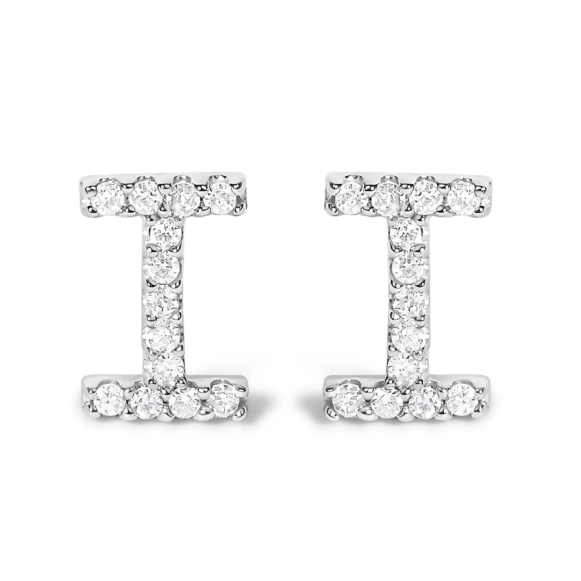 Pair of 10K white gold diamond initial A stud earrings with pave-set diamonds along bars on Tampa Home & Garden Store