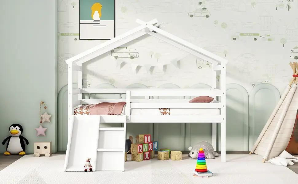 Low Loft House Bed With Slide and Guardrails