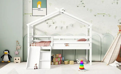 Low Loft House Bed With Slide and Guardrails