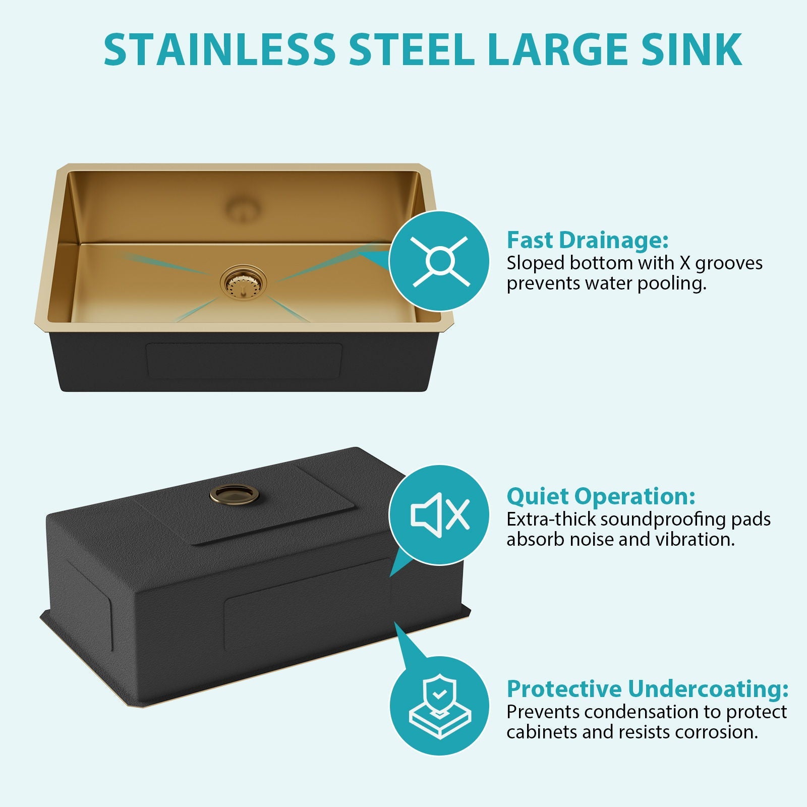 Undermount stainless steel sink 32x19, 16-ga deep single bowl, gold interior, HouseOfZazla on Tampa Home & Garden Store