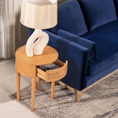 Cabana round cane storage side table natural brown oak with woven cane drawer on Tampa Home & Garden Store