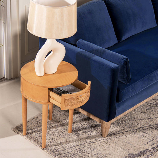 Cabana round cane storage side table natural brown oak with woven cane drawer on Tampa Home & Garden Store