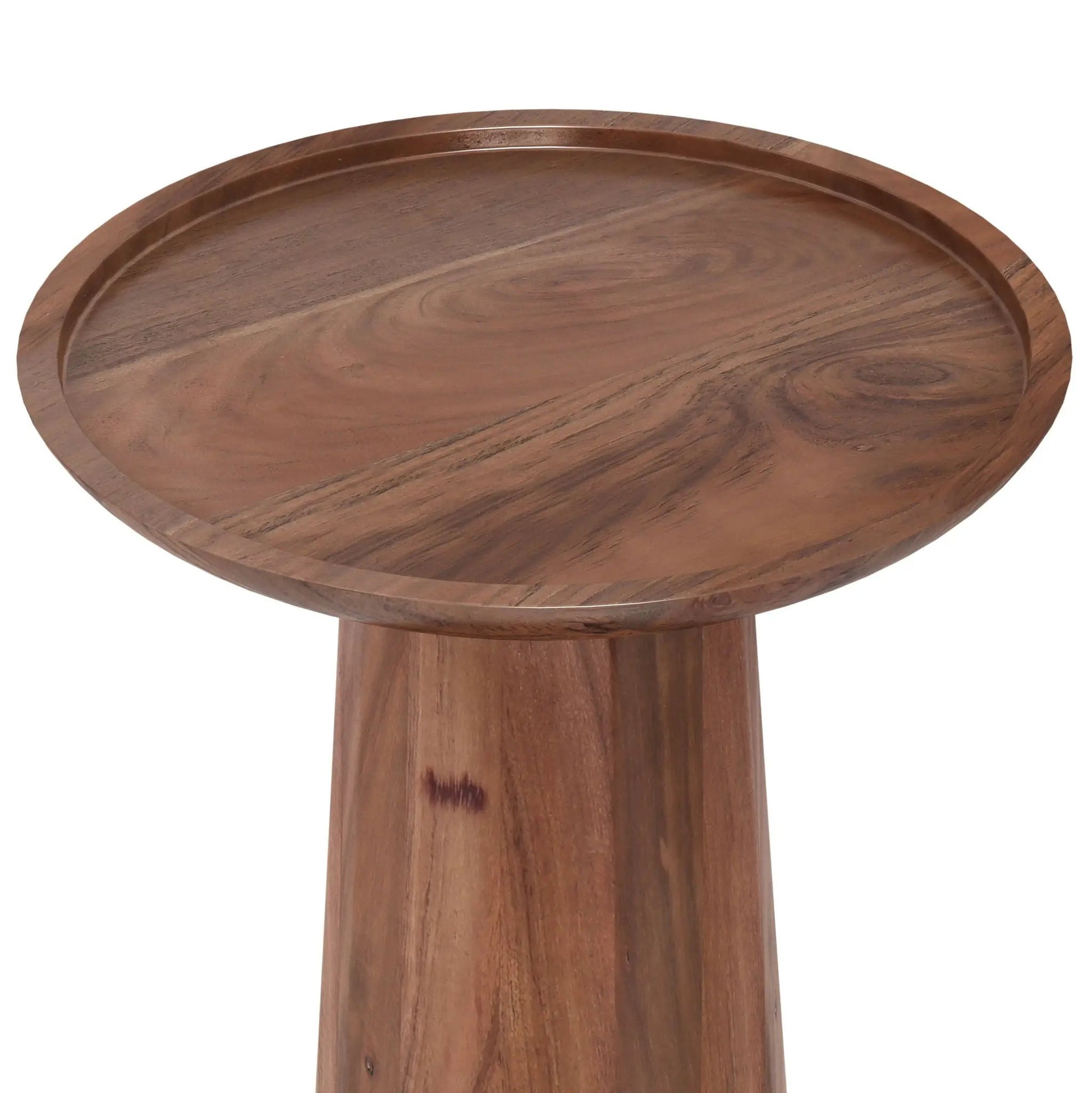 Dayton Handcrafted Wooden Accent Table with a round walnut-finish top and pedestal base on Tampa Home & Garden Store