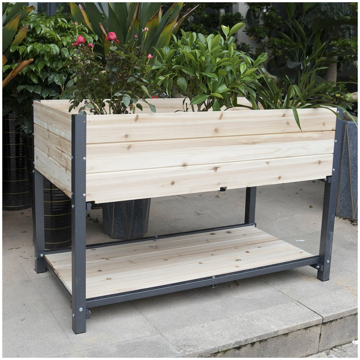45-inch iron-wood garden bed with storage racks in natural wood finish on a gray metal frame on Tampa Home & Garden Store
