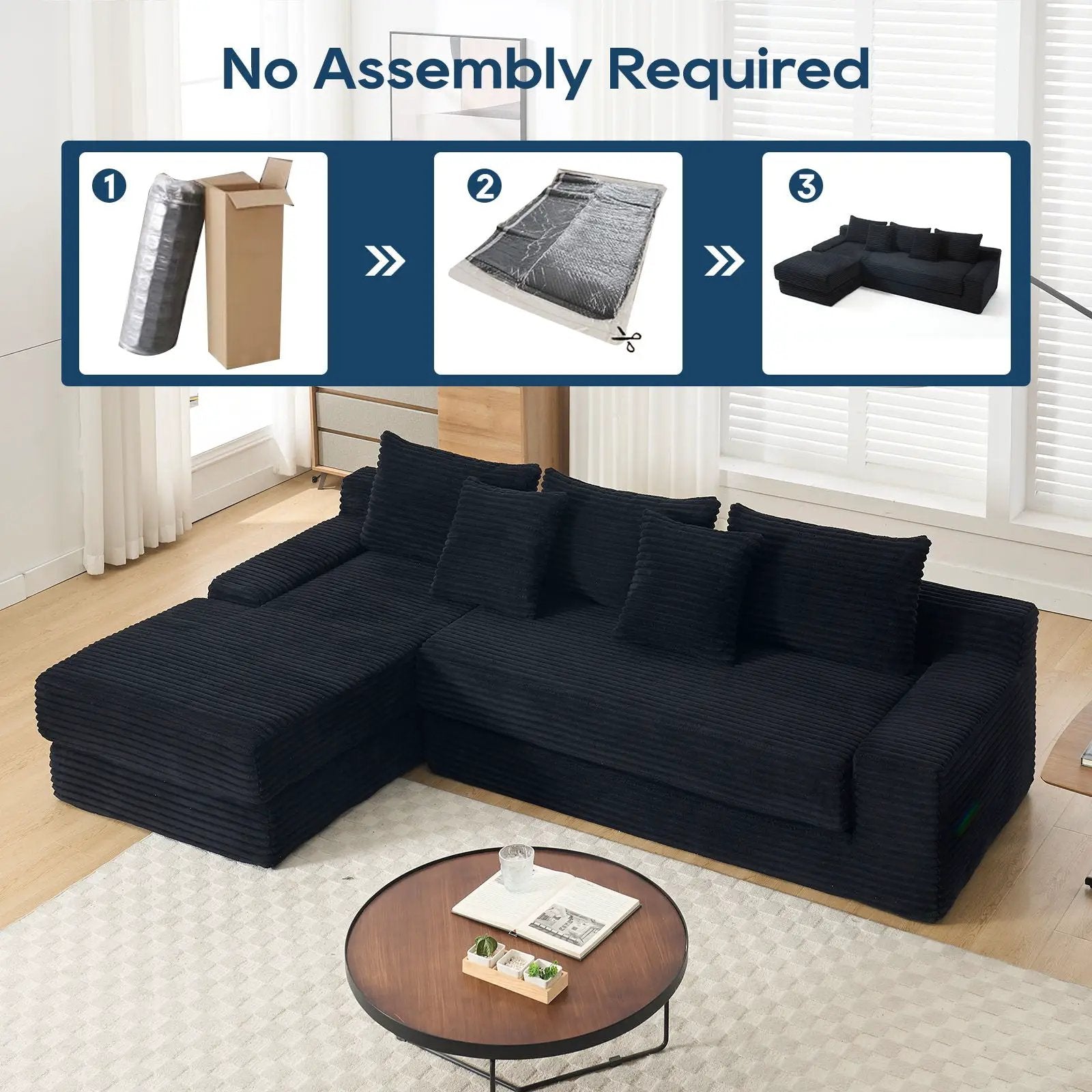 Modern L-Shaped Sectional Couch With Memory Foam by Unique Piece Furniture, black fabric on Tampa Home & Garden Store