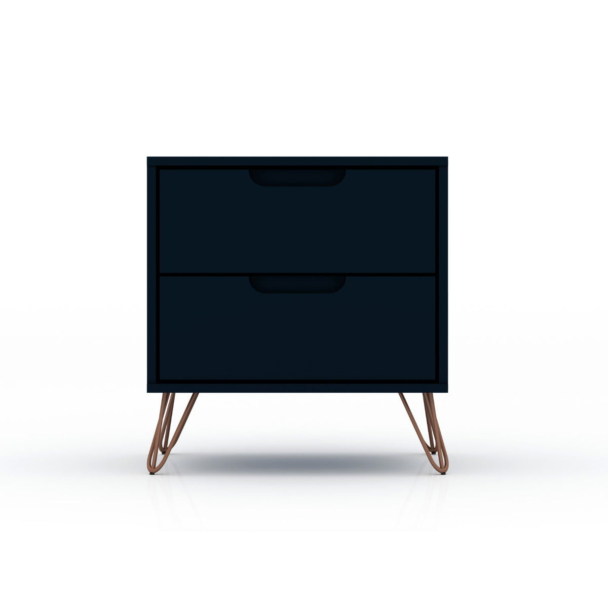 2 Drawer Nightstand in navy blue with durable splayed copper legs on Tampa Home & Garden Store