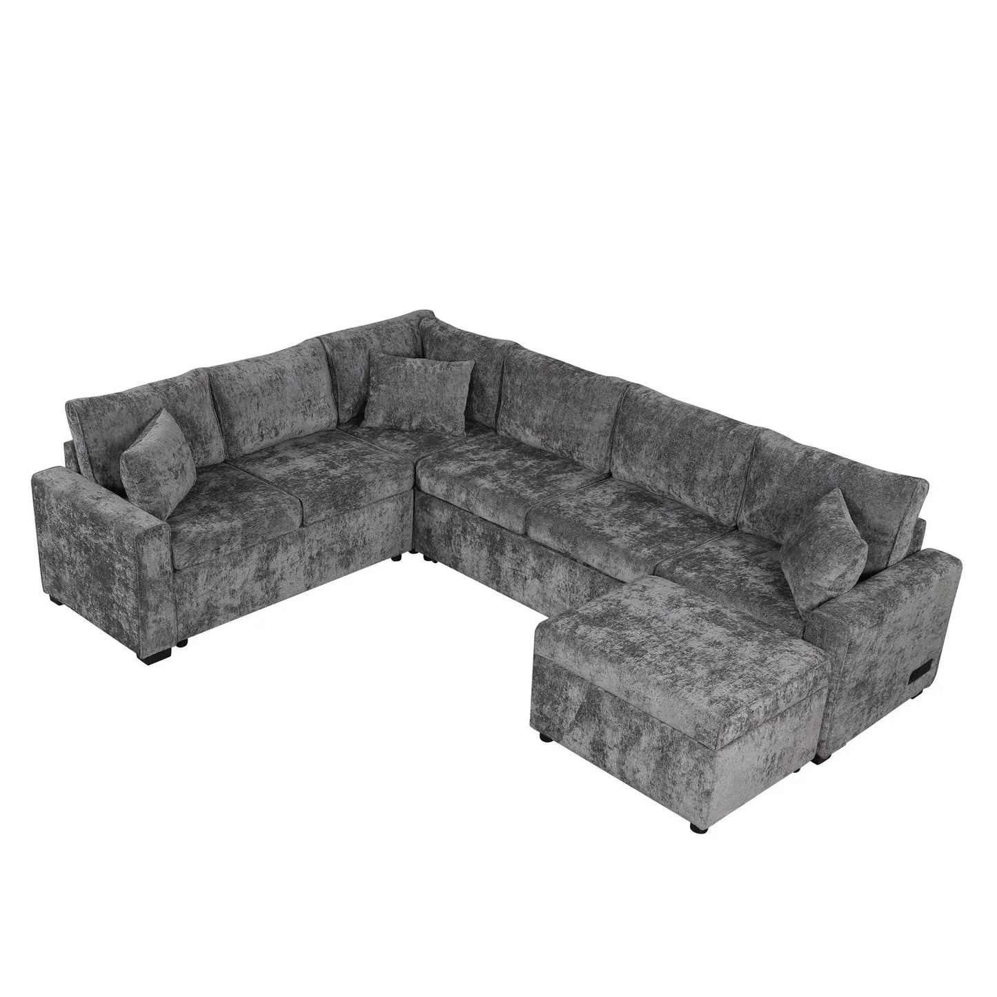Sectional sleeper sofa with storage ottoman, gray textured fabric, includes three pillows on Tampa Home & Garden Store