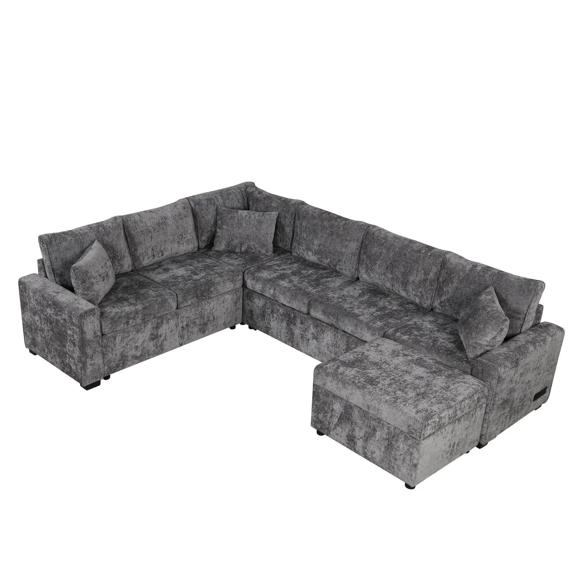 Sectional sleeper sofa with storage ottoman, gray textured fabric, includes three pillows on Tampa Home & Garden Store