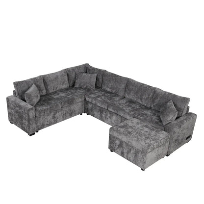 Sectional sleeper sofa with storage ottoman, gray textured fabric, includes three pillows on Tampa Home & Garden Store