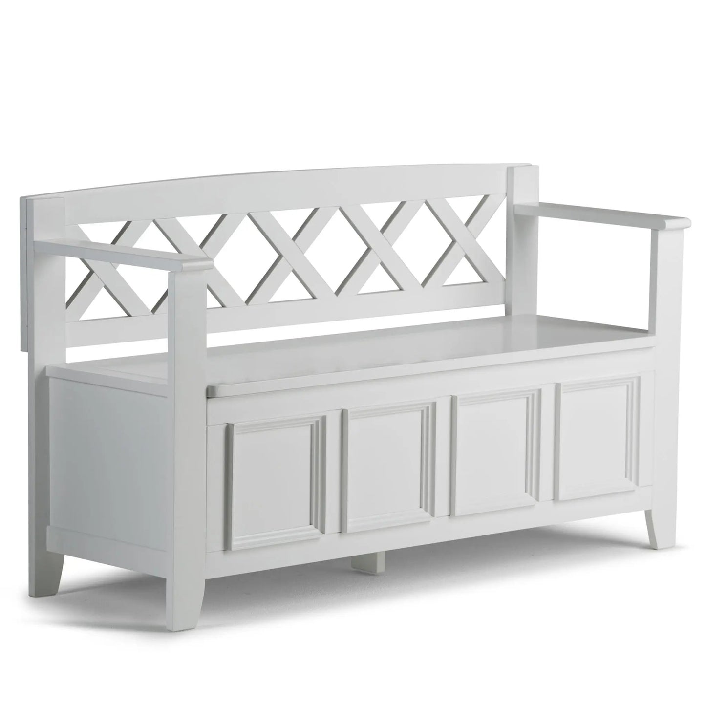 Amherst Handcrafted entryway bench white wood lattice back with cabinet beneath on Tampa Home & Garden Store