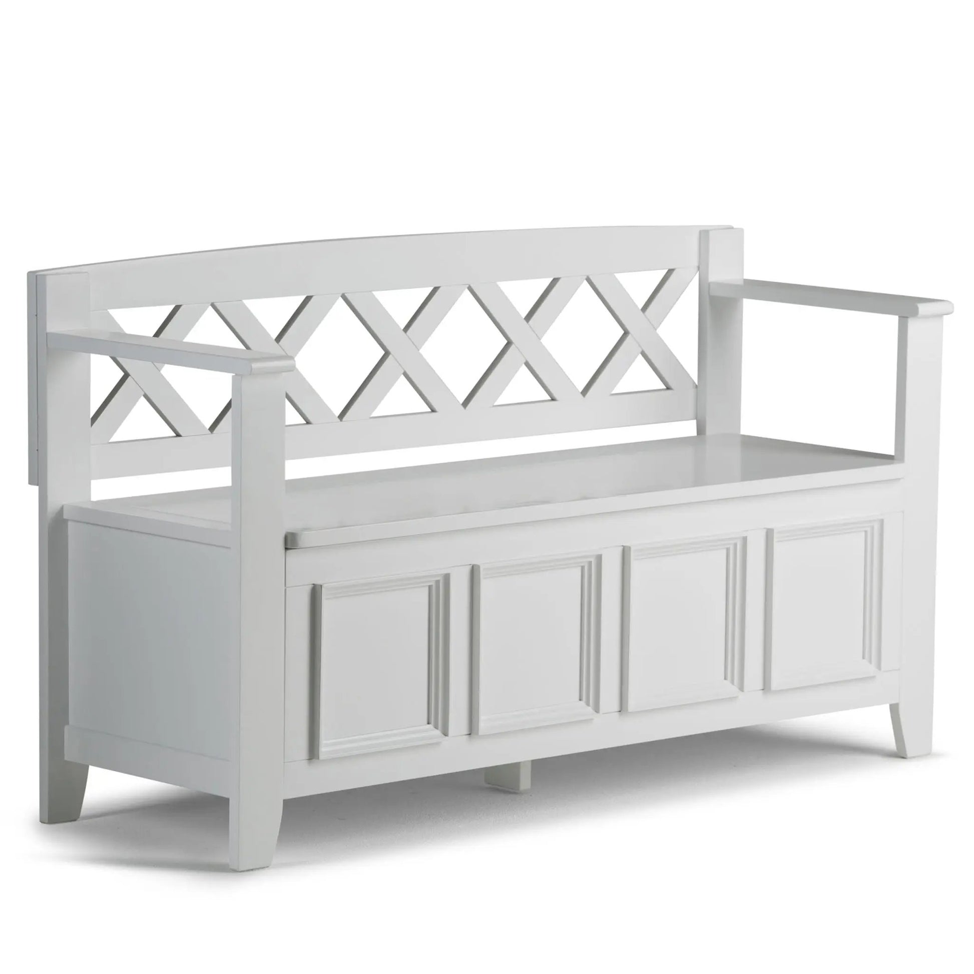 Amherst Handcrafted entryway bench white wood lattice back with cabinet beneath on Tampa Home & Garden Store