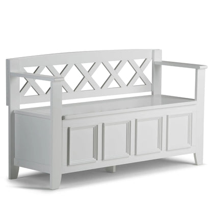 Amherst Handcrafted entryway bench white wood lattice back with cabinet beneath on Tampa Home & Garden Store