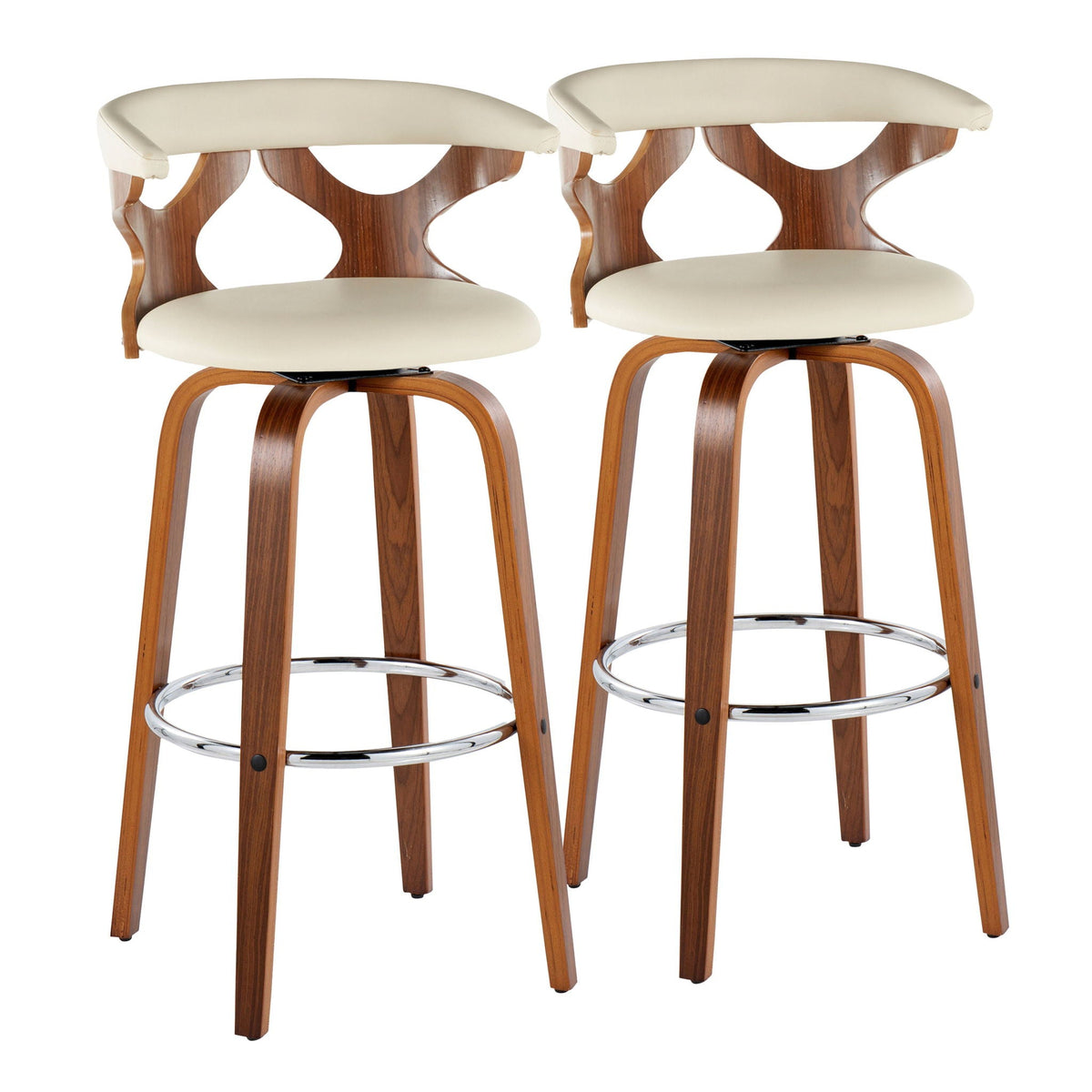 Mid Century Modern Swivel Barstool Set padded beige upholstery wood frames on Tampa Home & Garden Store