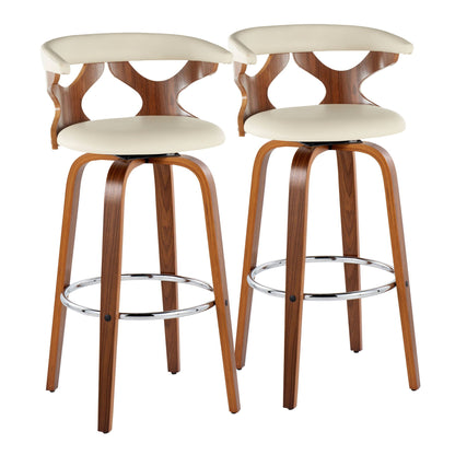 Mid Century Modern Swivel Barstool Set padded beige upholstery wood frames on Tampa Home & Garden Store