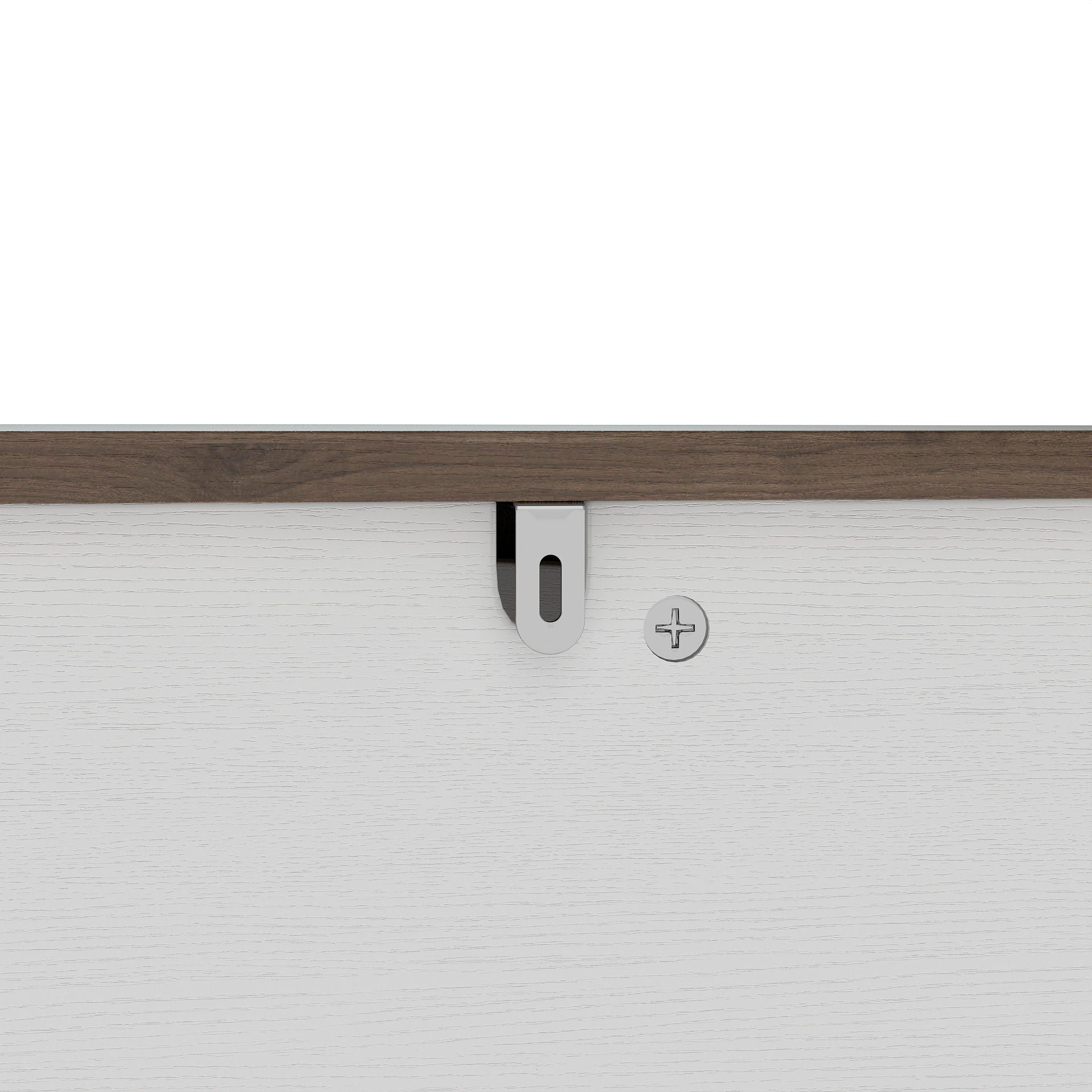 Corner Dog Crate hardware close-up with metal latch on white wood cabinet on Tampa Home & Garden Store