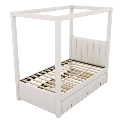 White upholstered canopy bed with trundle and 3 storage drawers on Tampa Home & Garden Store
