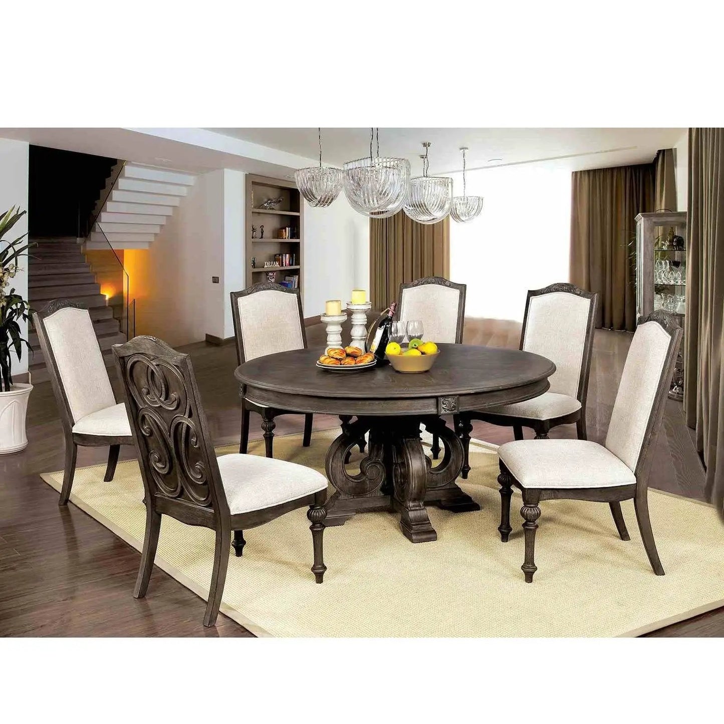 Elegant Dining Set Round Table And Side Chairs 7-piece Unique Piece Furniture with dark wood chairs on Tampa Home & Garden Store