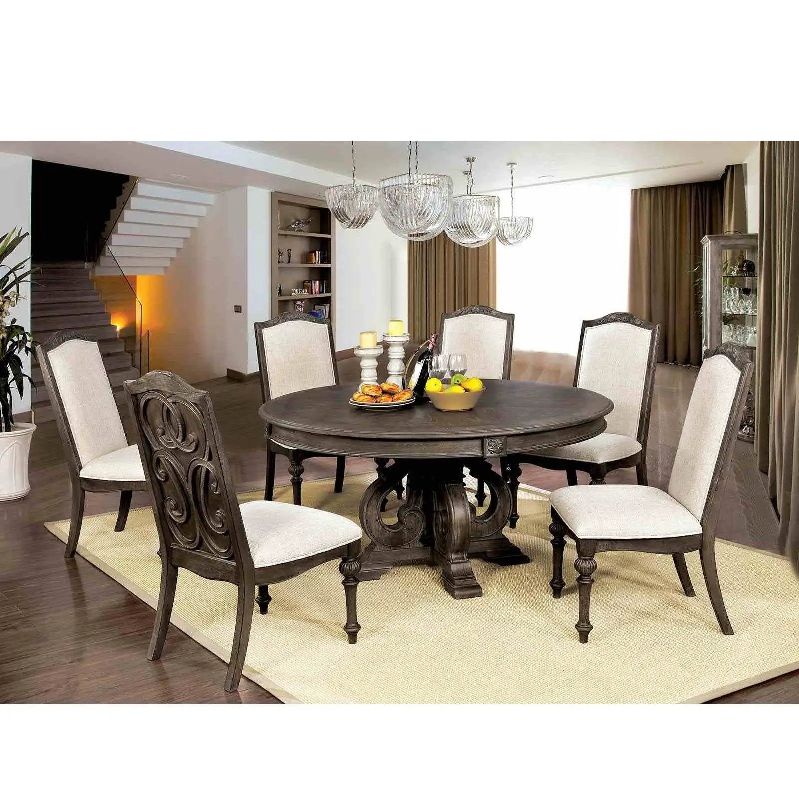 Elegant Dining Set Round Table And Side Chairs 7-piece Unique Piece Furniture with dark wood chairs on Tampa Home & Garden Store