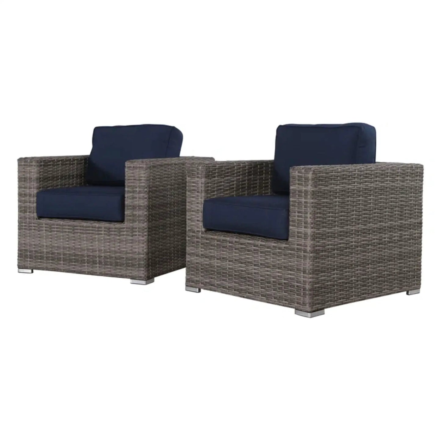 Patio armchairs with navy cushions in woven rattan, 3-piece set on Tampa Home & Garden Store