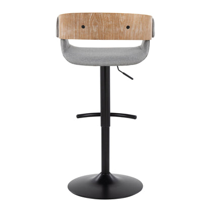 Mid-Century Modern adjustable barstool with swivel, wood backrest and gray fabric seat on Tampa Home & Garden Store