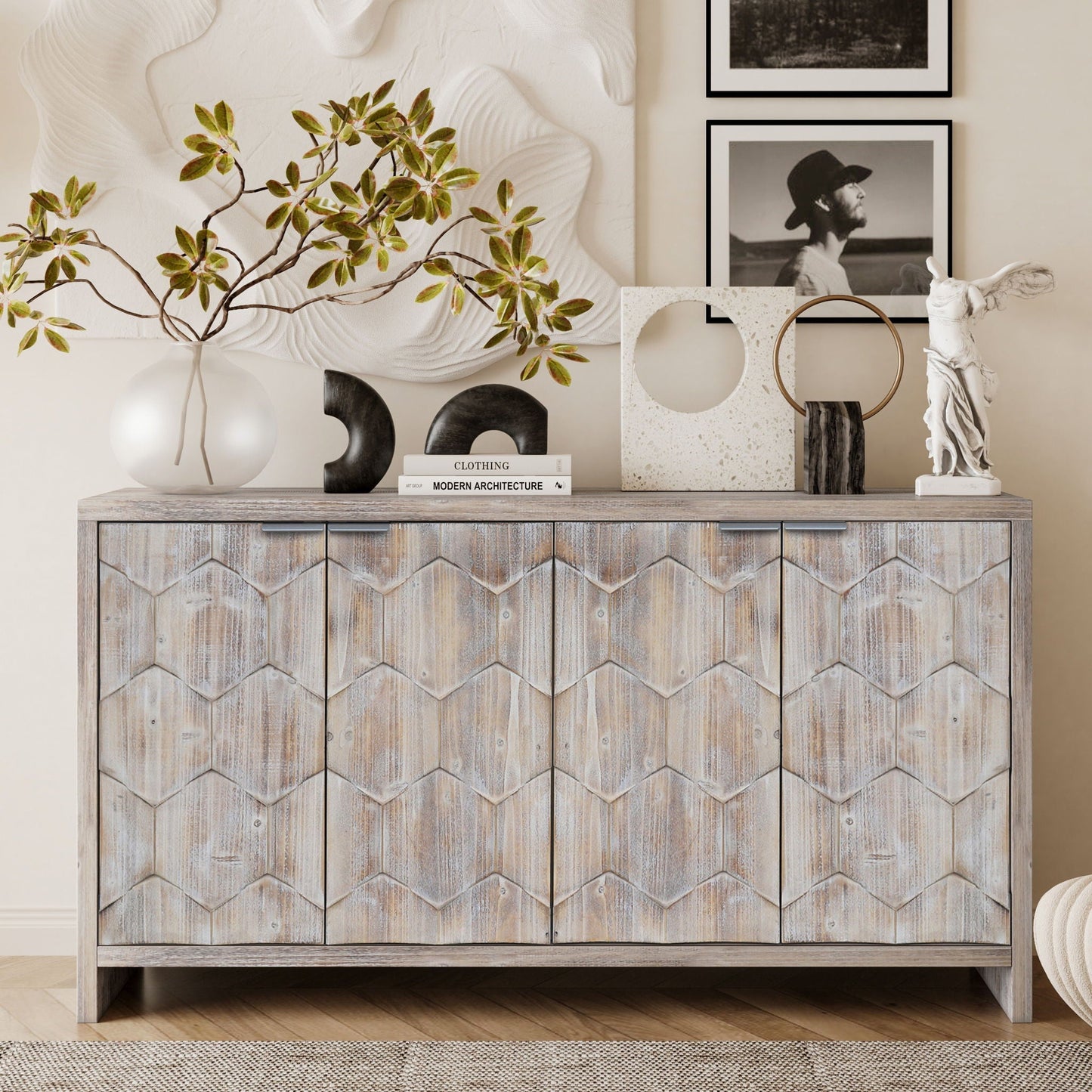 Accent cabinet 4-door sideboard farmhouse style, weathered wood with chevron panel doors on Tampa Home & Garden Store