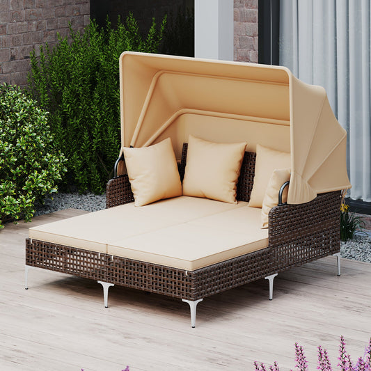 Outdoor Daybed with Retractable Canopy PE Wicker Rattan Patio Lounger - Tampa Home & Garden Store