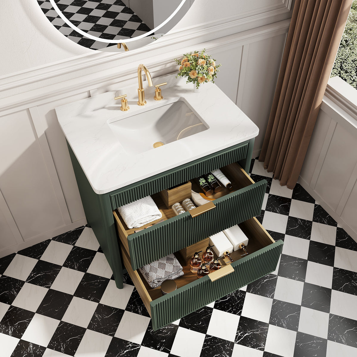 36-inch solid wood bathroom vanity with green cabinet, white marble top, gold faucet HouseOfZazla on Tampa Home & Garden Store