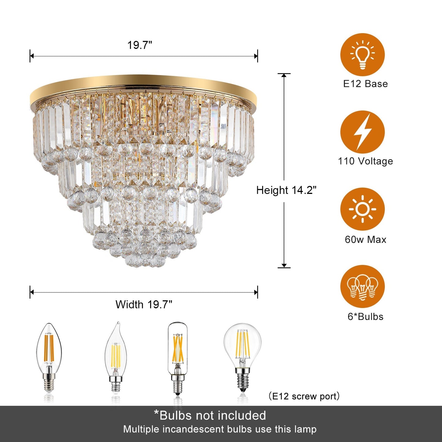 Gold crystal chandelier by HouseOfZazla with gold canopy and prisms, 19.7in wide on Tampa Home & Garden Store