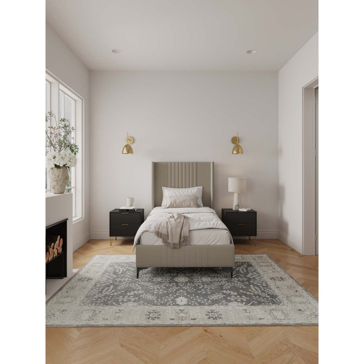 Promenade bed with upholstered headboard and slats in taupe, flanked by black nightstands on Tampa Home & Garden Store