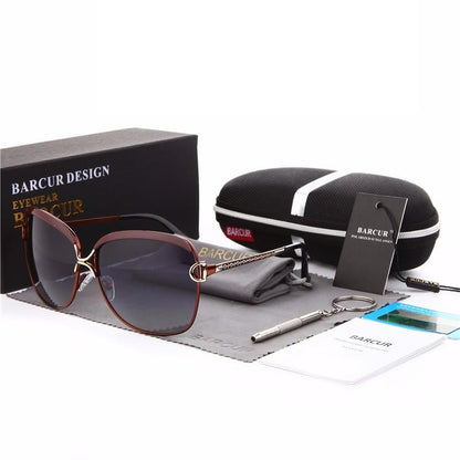 Stevvex polarized gradient round oversized sunglasses with brown frame and gray lenses, Barcur case and accessories on Tampa Home & Garden Store