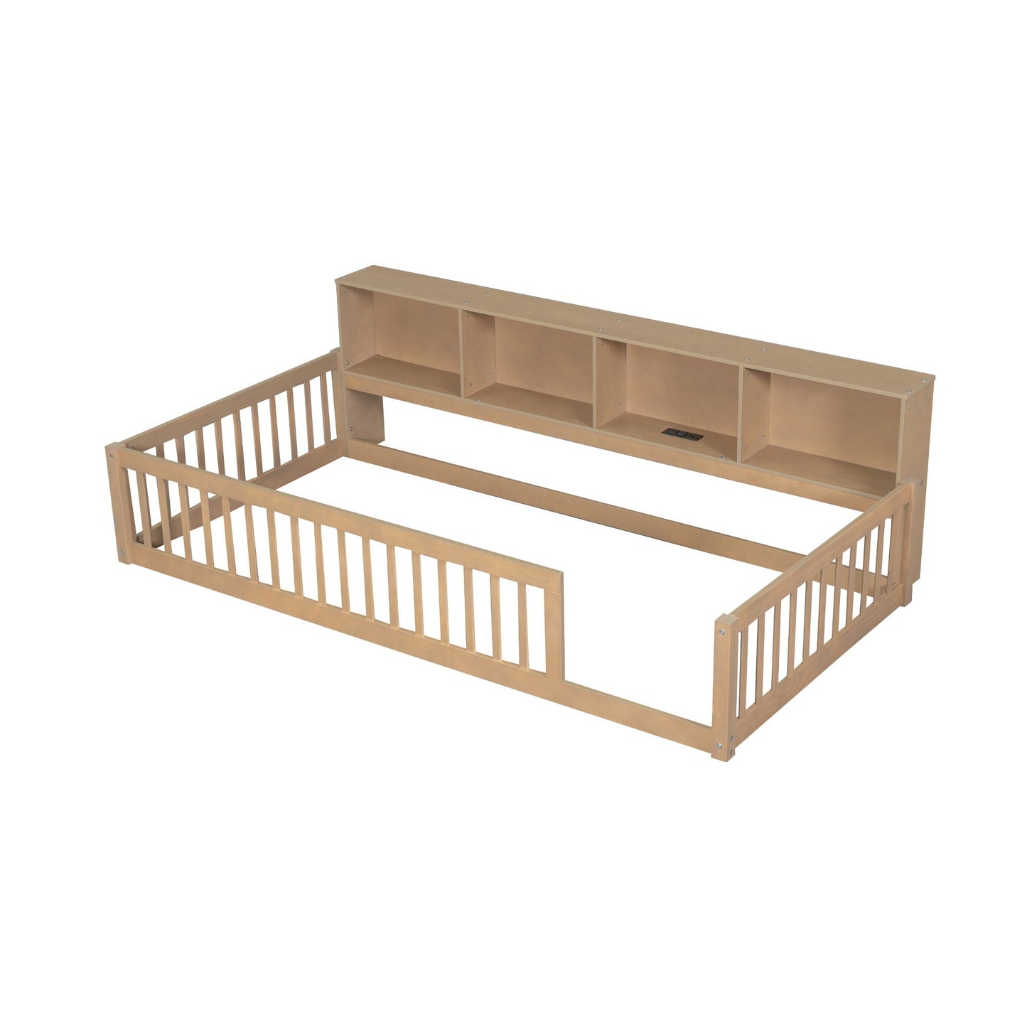 Floor bed with built-in storage cabinets and USB ports in natural wood finish by HouseOfZazla on Tampa Home & Garden Store