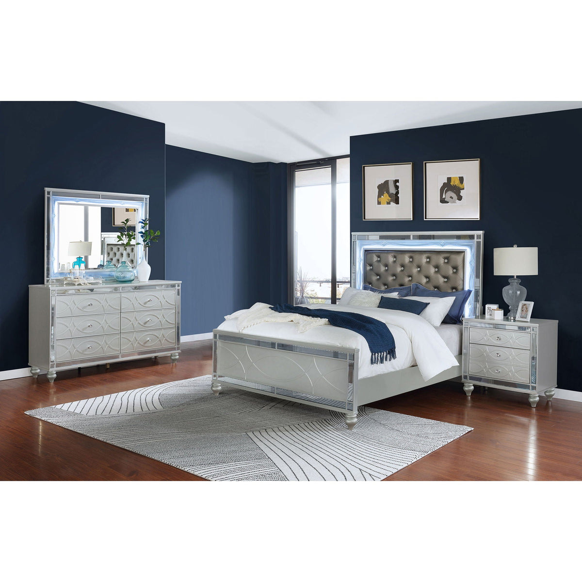 Arabesque 4-Piece Queen Bedroom Set With LED Headboard - Silver, mirrored finish on Tampa Home & Garden Store