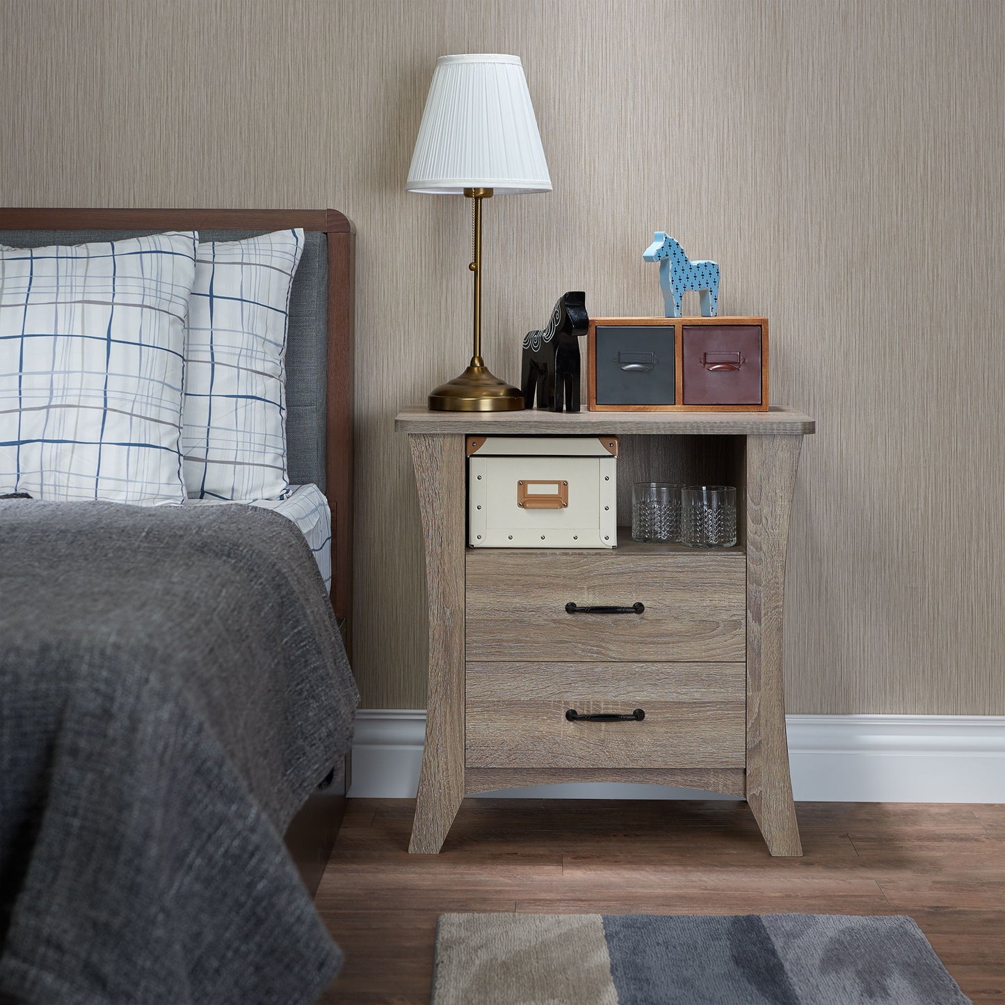 Colt accent table by HouseOfZazla; light wood two-drawer table with brass lamp (4 items) on Tampa Home & Garden Store