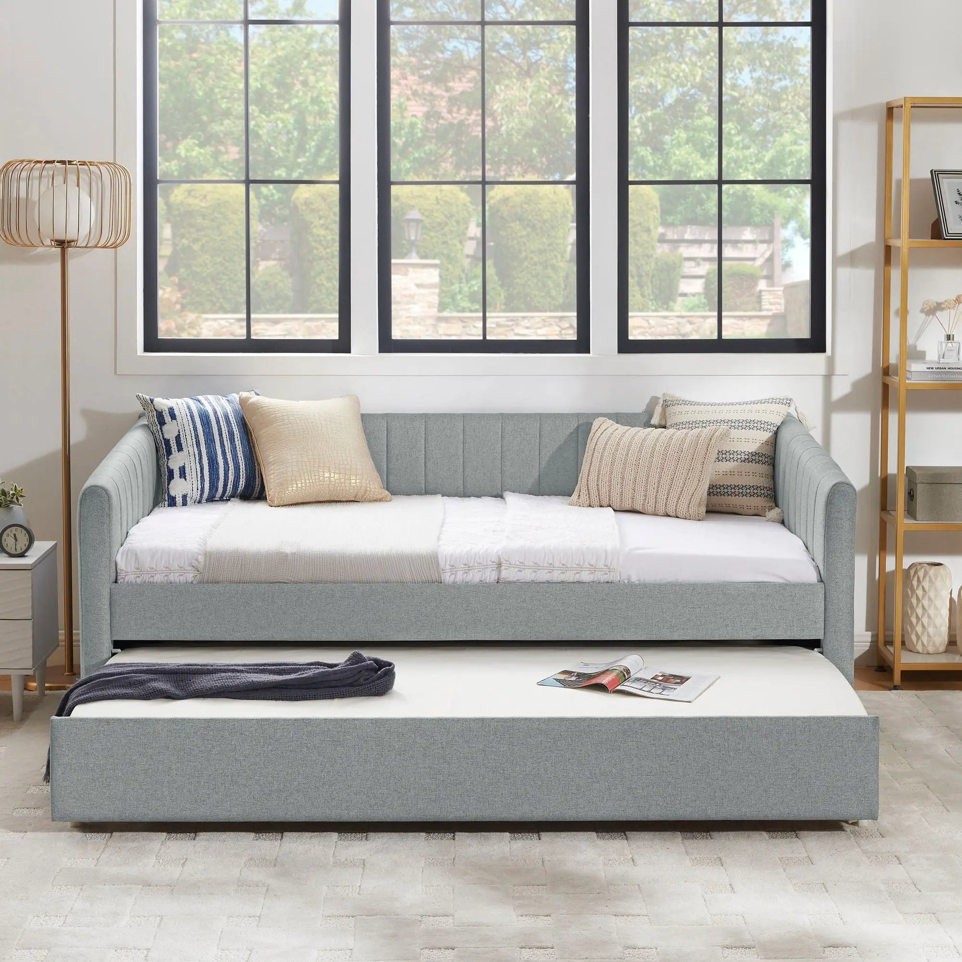 Upholstered Daybed with Trundle gray fabric vertical striped cushions Unique Piece Furniture on Tampa Home & Garden Store