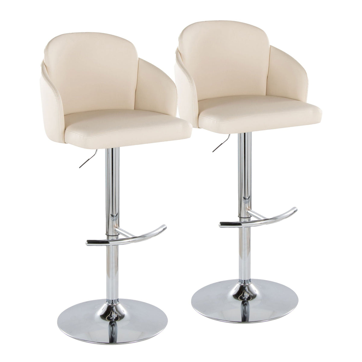 Contemporary adjustable barstool set with swivel and rounded chrome bases, 2 beige stools on Tampa Home & Garden Store