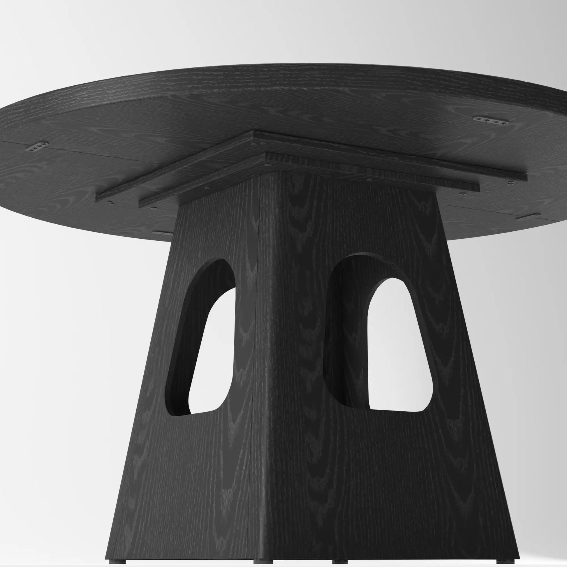 Farmhouse round dining table with storage base in dark wood finish by Unique Piece Furniture on Tampa Home & Garden Store