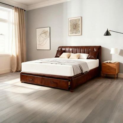 10-inch queen mattress by HouseOfZazla, USA-made on a dark brown leather bed in a bright bedroom on Tampa Home & Garden Store