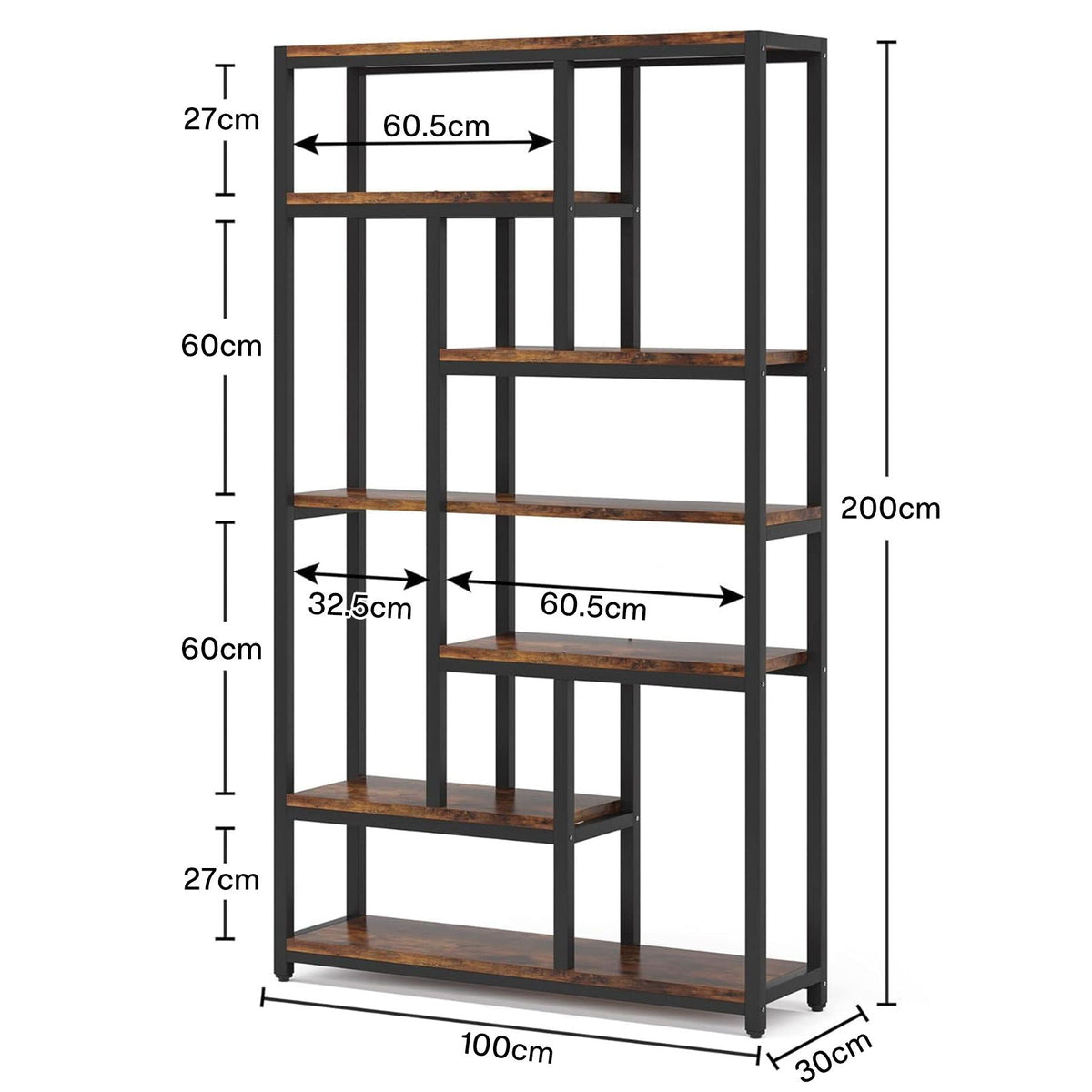 Extra Tall 7-Tier Industrial Etagere Bookcase by HouseOfZazla, dark wood shelves on Tampa Home & Garden Store